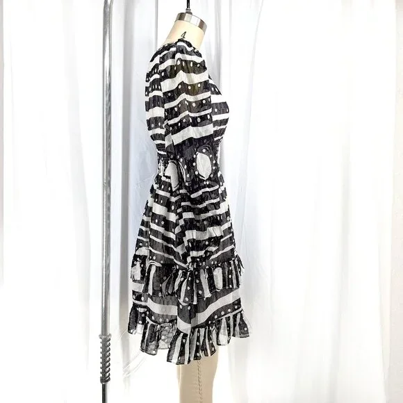 Cynthia Rowley Sicily Silk Wrap Dress Black White Smocked Waist Cap Sleeve Size - Picture 6 of 13